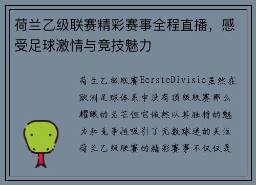 荷兰乙级联赛精彩赛事全程直播，感受足球激情与竞技魅力