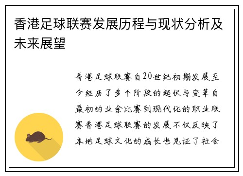 香港足球联赛发展历程与现状分析及未来展望