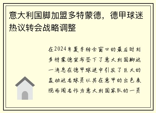 意大利国脚加盟多特蒙德，德甲球迷热议转会战略调整