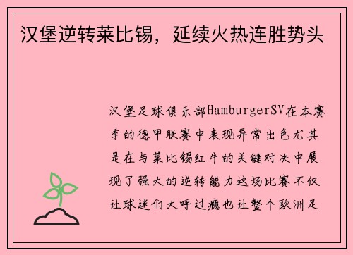 汉堡逆转莱比锡，延续火热连胜势头