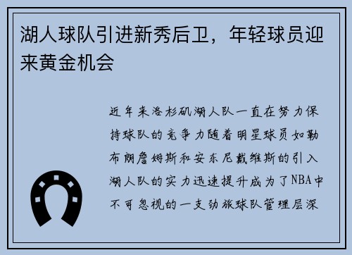 湖人球队引进新秀后卫，年轻球员迎来黄金机会
