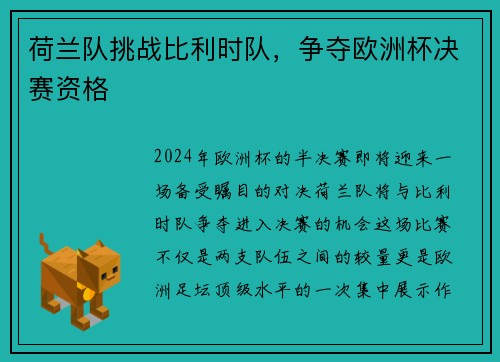 荷兰队挑战比利时队，争夺欧洲杯决赛资格